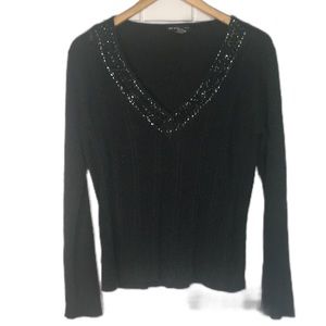 New York & Company Black V-Neck Sequin Trim Long Sleeve Ribbed Sweater Size L